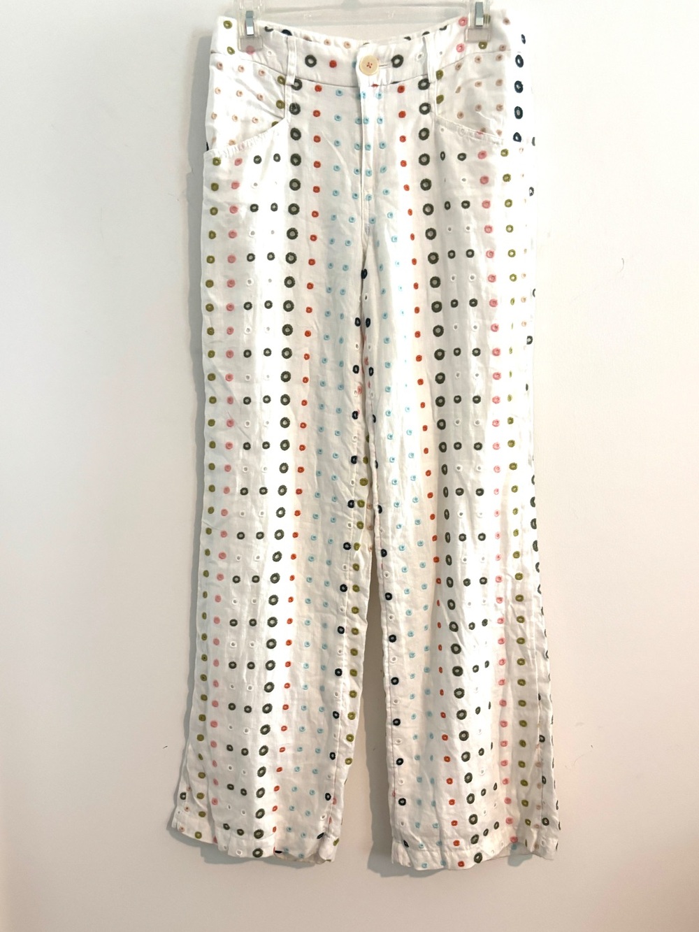ETT:TWA by Anthropologie Linen Size 2 Wide Leg White Eyelet Polka Dot Pants - Picture 4 of 10